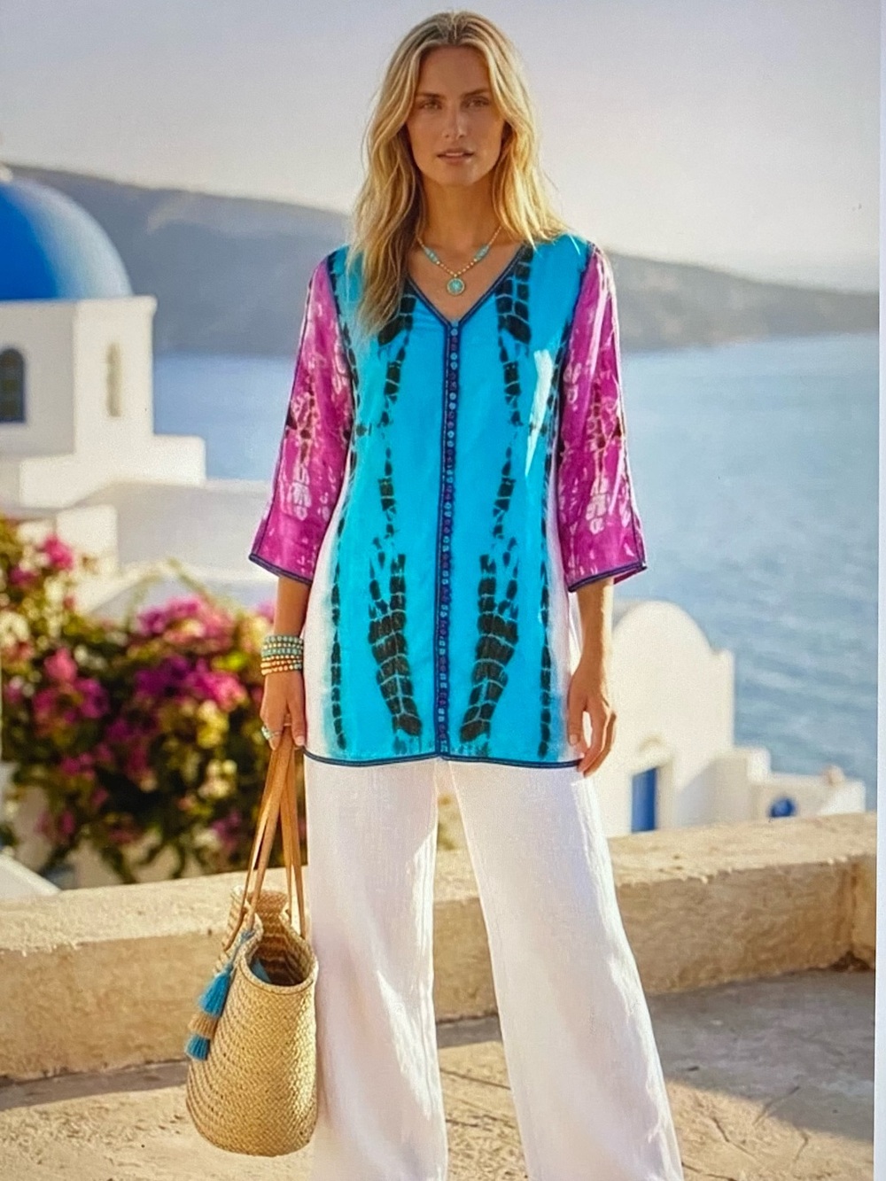 NEW Soft Surroundings Silk Turquoise & Pink Tie-Dye Button-Trim Tunic